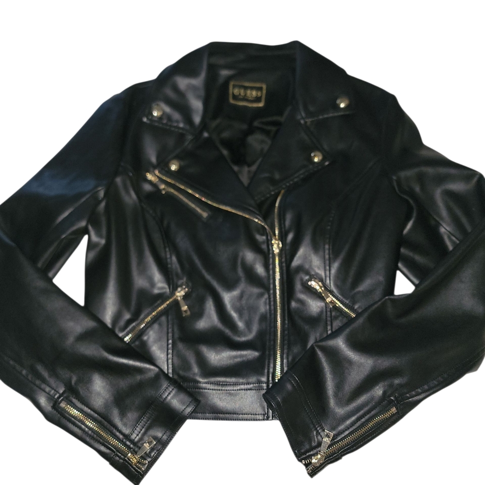 Guess Black Leather Moto Jacket with Quilted Shoulders
